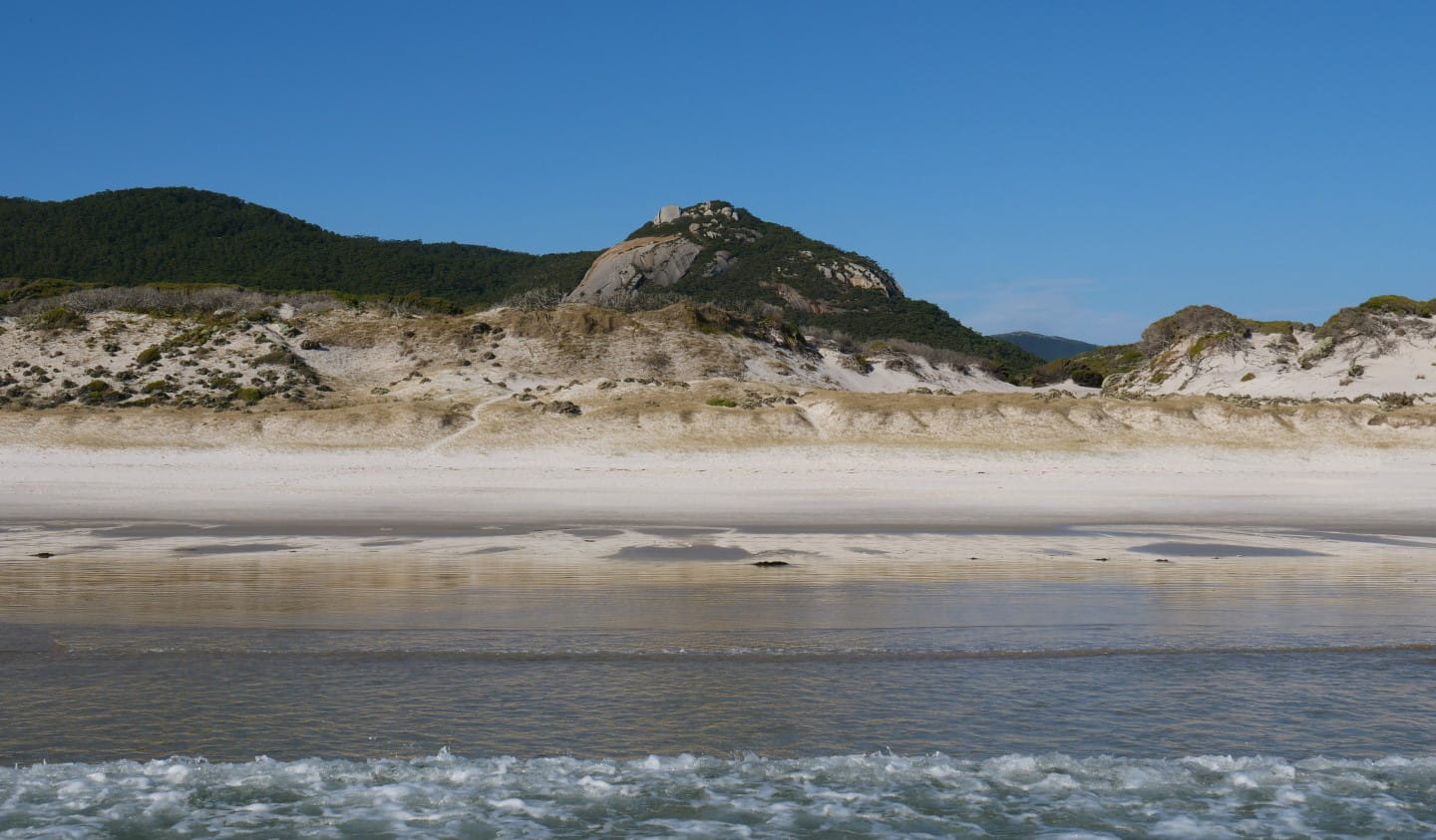 The view of Mount Bishop from Squeaky Beach