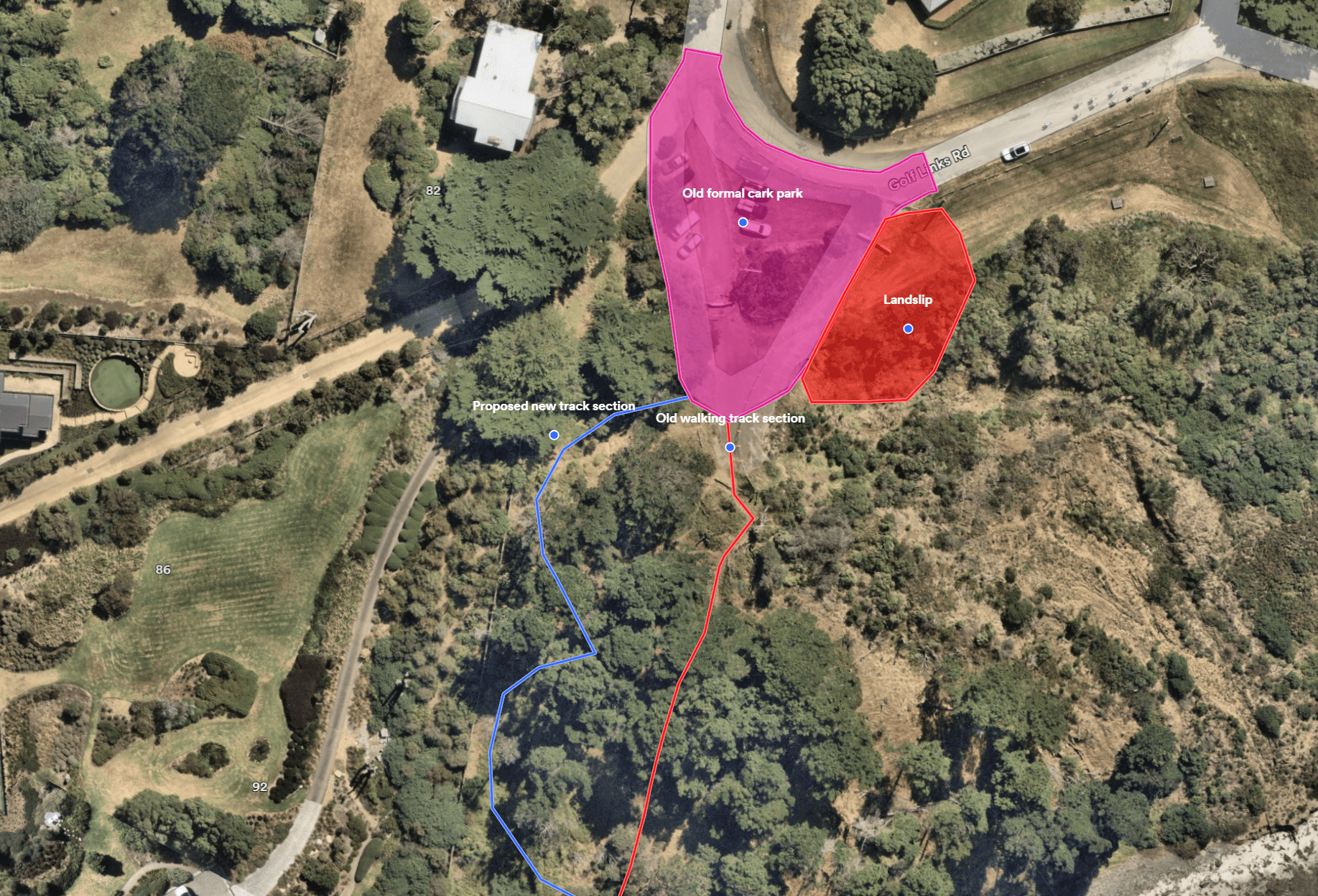 Image shows the old formal car park to the north of the site. Beside it to the east is the landslip zone - where land collapsed after a serious weather event in 2020. Below to the south is the old walking track. Slightly to the west of the old walking track is the proposed new track section that leads to the beach.