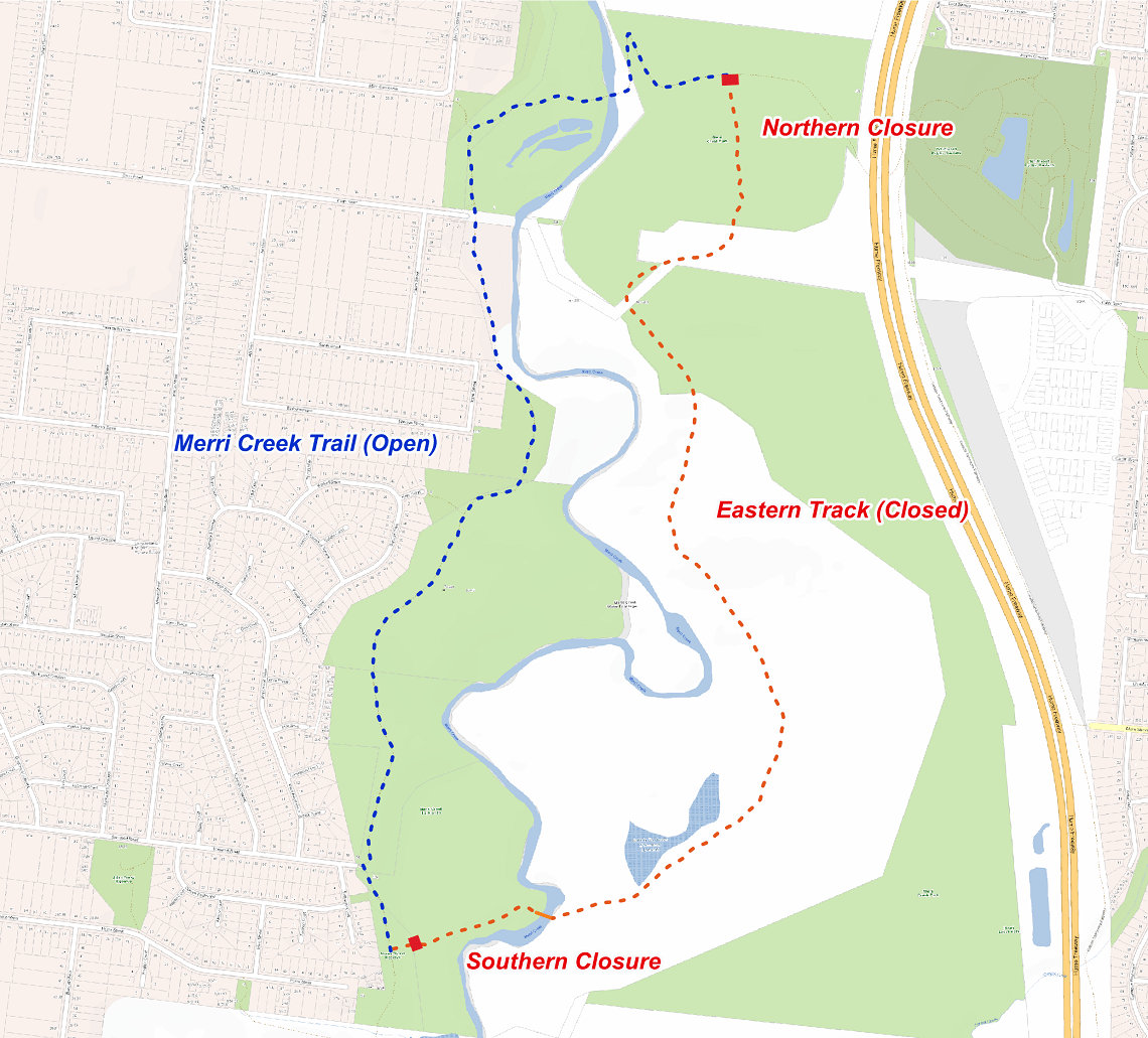A map of track closures at galada tamboore in marram baba Merri Creek Regional Parklands. The Merri Creek Trail to the west of galada tamboore is open to the public. The Eastern Track to the east is closed, from the Northern Bridge to the Southern bridge. 