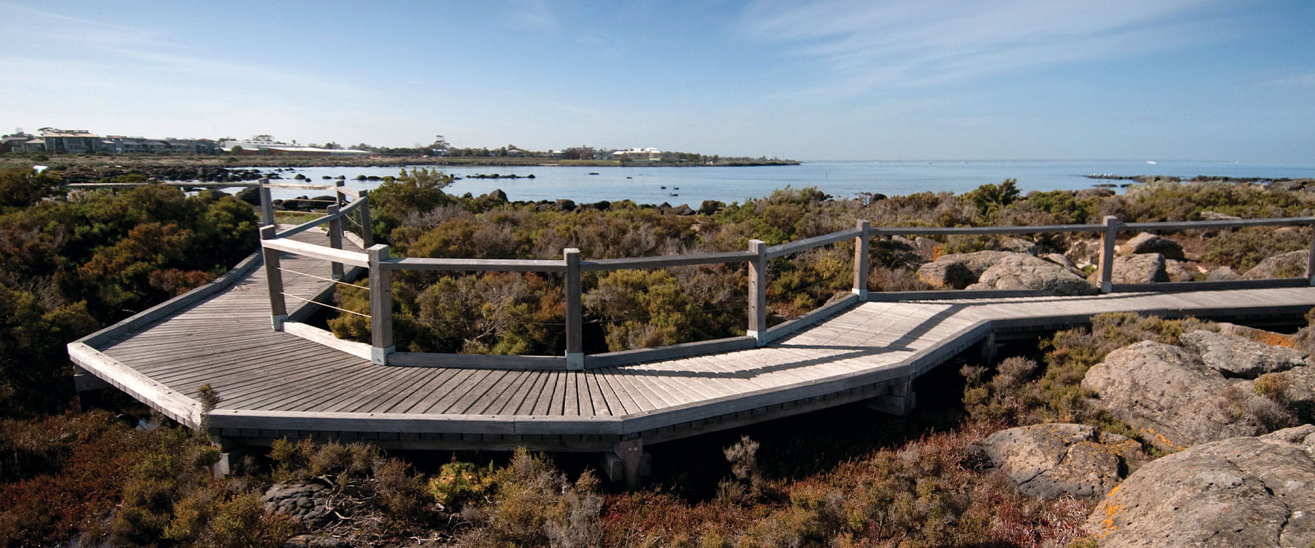 A wooden boardwalk situated above a coastal marsh
