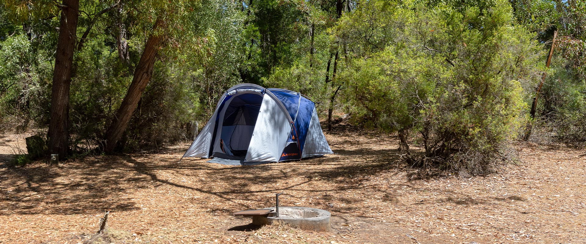 A grey and blue family dome tent set up against a background of dry eucalypt forest 